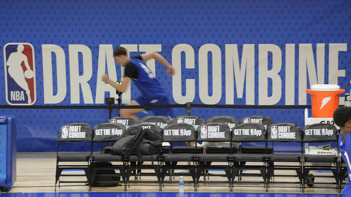 Cooper Flagg (51) participates in the 2025 NBA Draft Combine at Wintrust Arena.