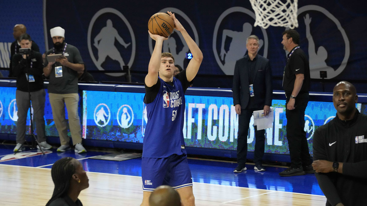 Cooper Flagg (51) participates in the 2025 NBA Draft Combine at Wintrust Arena.