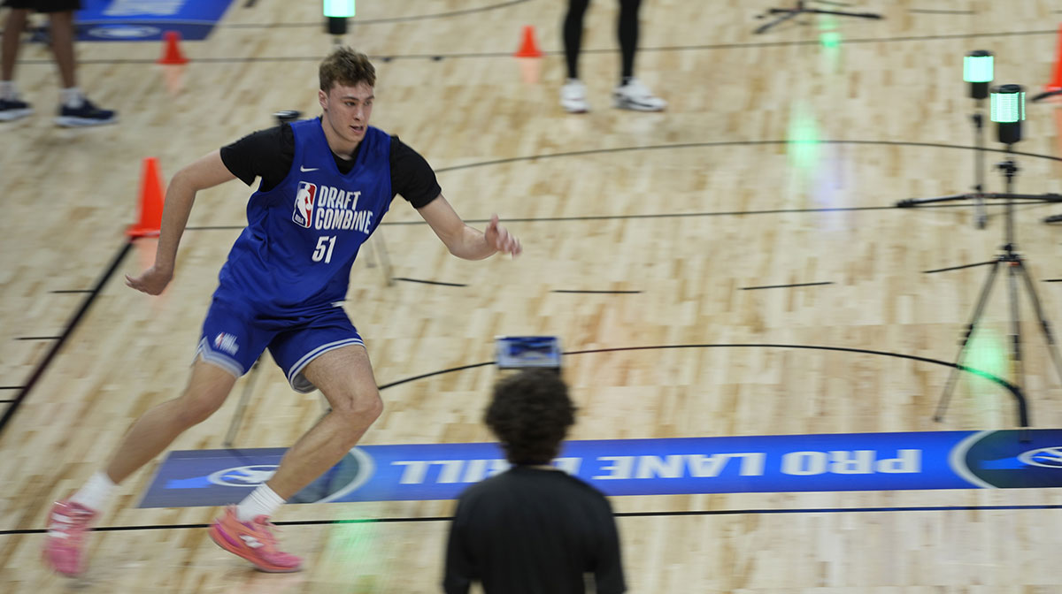 Cooper Flagg (51) participates in the 2025 NBA Draft Combine at Wintrust Arena.