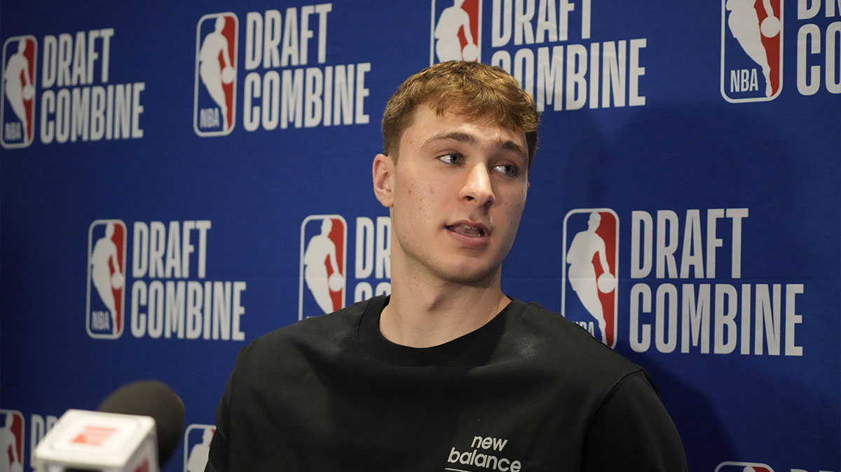 Cooper Flagg talks to the media during the 2025 NBA Draft Combine at Marriott Marquis Chicago.