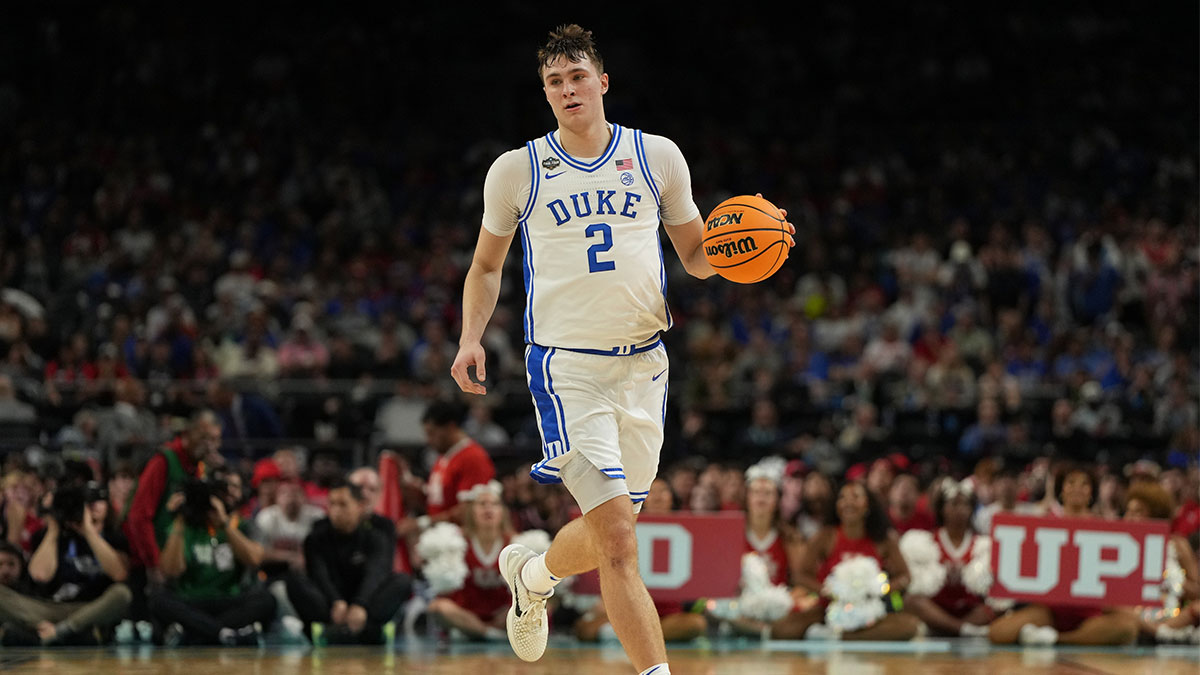 Duke Blue Devils forward Cooper Flagg (2) dribbles the ball against the Houston Cougars during the second half in the semifinals of the men's Final Four of the 2025 NCAA Tournament at the Alamodome.