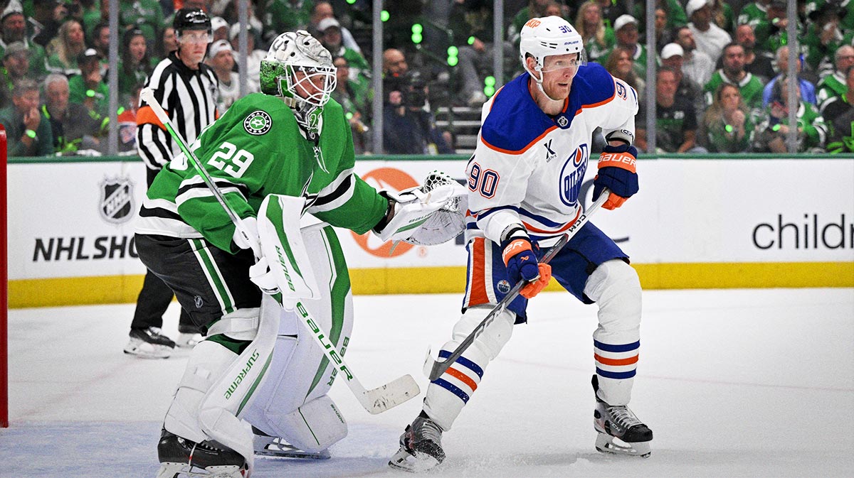 Dallas Stars goaltender Jake Oettinger (29) and Edmonton Oilers right wing Corey Perry (90) in action during the game between the Dallas Stars and the Edmonton Oilers in game one of the Western Conference Final of the 2025 Stanley Cup Playoffs at American Airlines Center.