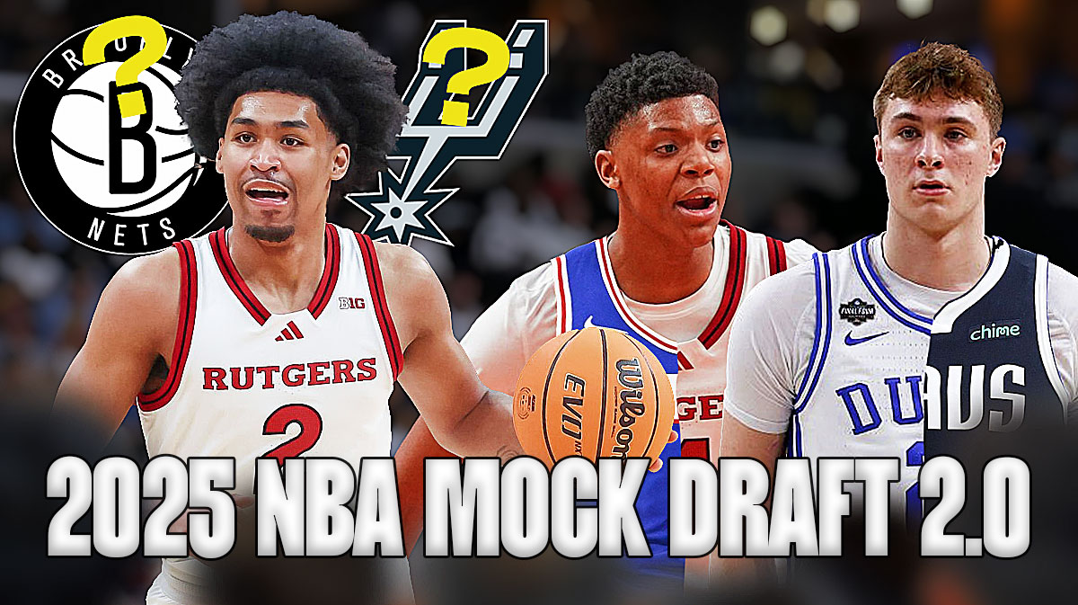 2025 NBA Mock Draft 2.0 with Dylan Harper having Nets/Spurs question marks, Cooper Flagg in Duke/Mavs jersey, Ace Bailey in 76ers/Rutgers jersey