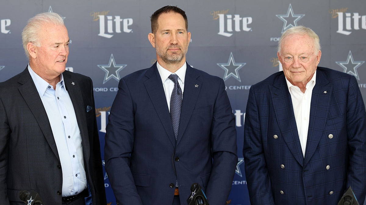 Dallas Cowboys CEO Stephen Jones,head coach Brian Schottenheimer and owner Jerry Jones pose for pictures after a press conference at the Star. Mandatory Credit: Tim Heitman-Imagn Images