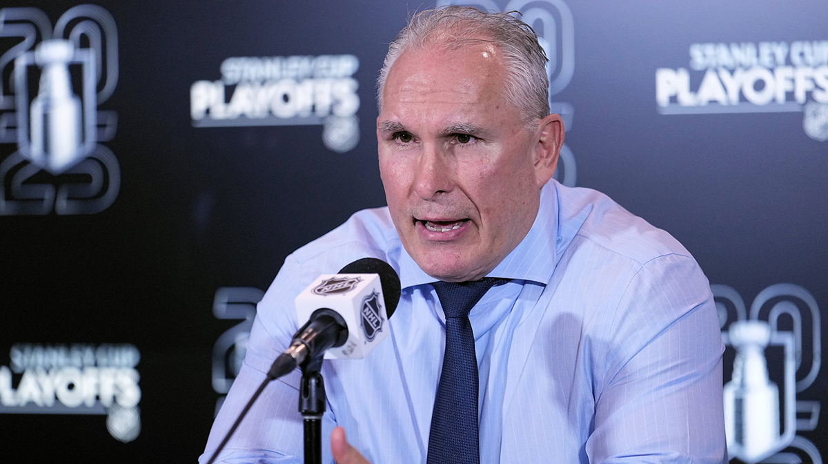 Toronto Maple Leafs head coach Craig Berube during the post game media conference after game five of the second round of the 2025 Stanley Cup Playoffs against the Florida Panthers at Scotiabank Arena