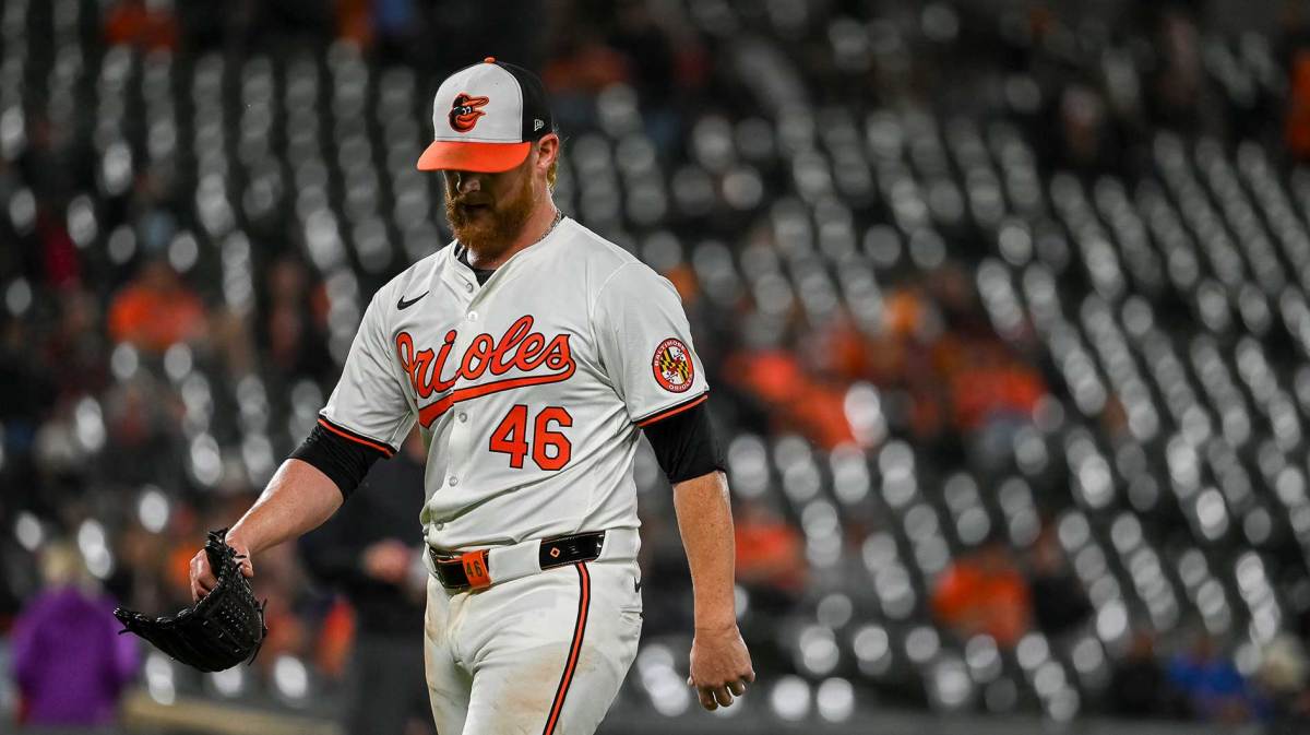 Baltimore Orioles pitcher Craig Kimbrel (46) walks off the field after being removed during the ninth inning against the San Francisco Giants at Oriole Park at Camden Yards.