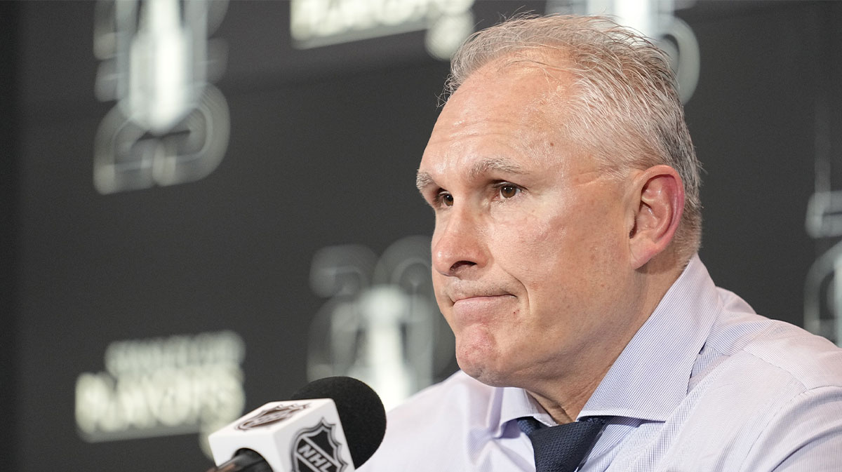 Toronto Maple Leafs head coach Craig Berube during a post game press conference following game one in the second round of the 2025 Stanley Cup Playoffs against the Florida Panthers at Scotiabank Arena.