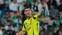Al Nassr player Cristiano Ronaldo reacts after being substituted in a Saudi Pro League soccer match at King Abdullah Sports City.