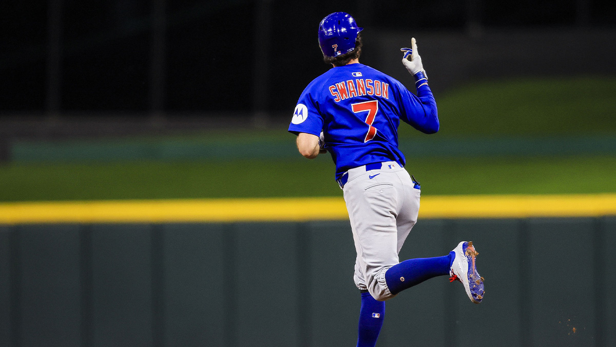 Chicago Cubs shortstop Dansby Swanson (7) reacts after hitting a two-run home run in the ninth inning against the Cincinnati Reds at Great American Ball Park.
