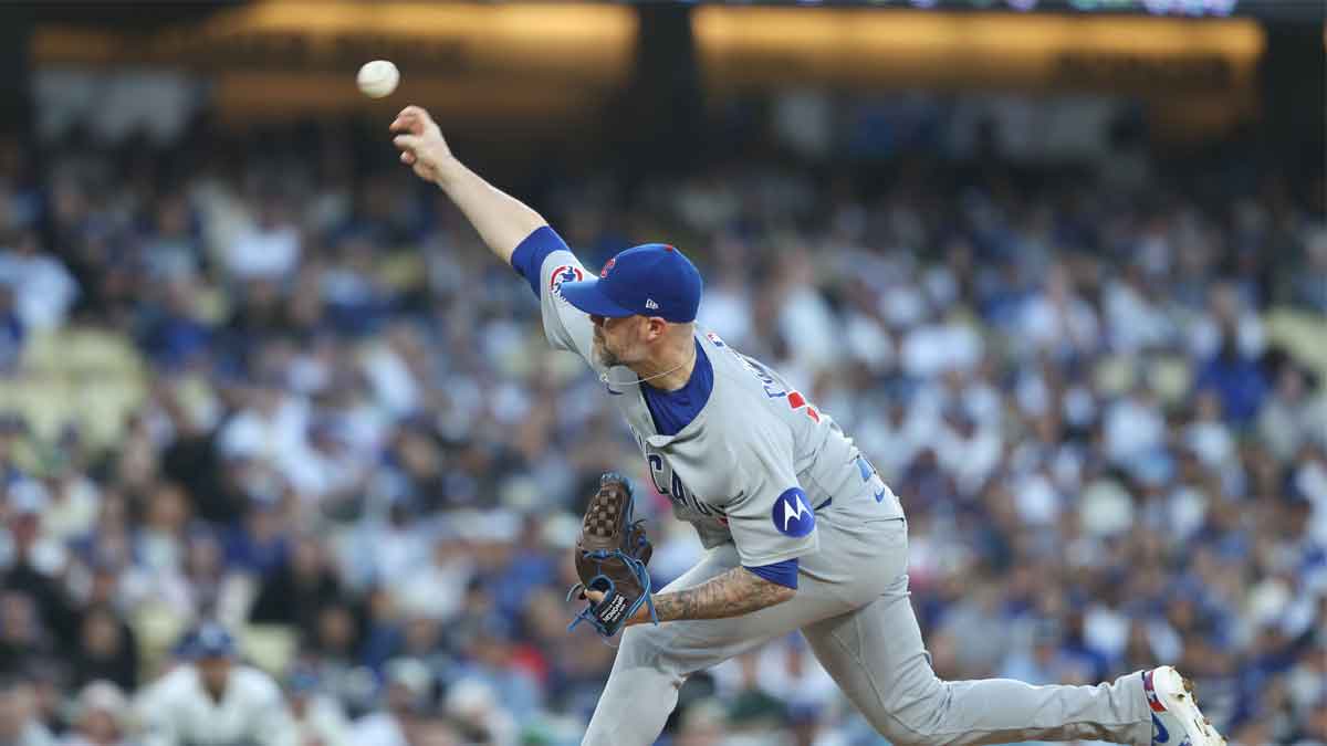 Chicago Cubs pitcher Ryan Pressly (55) throws a pitch against the Los Angeles Dodgers during the ninth inning of the game at Dodger Stadium.