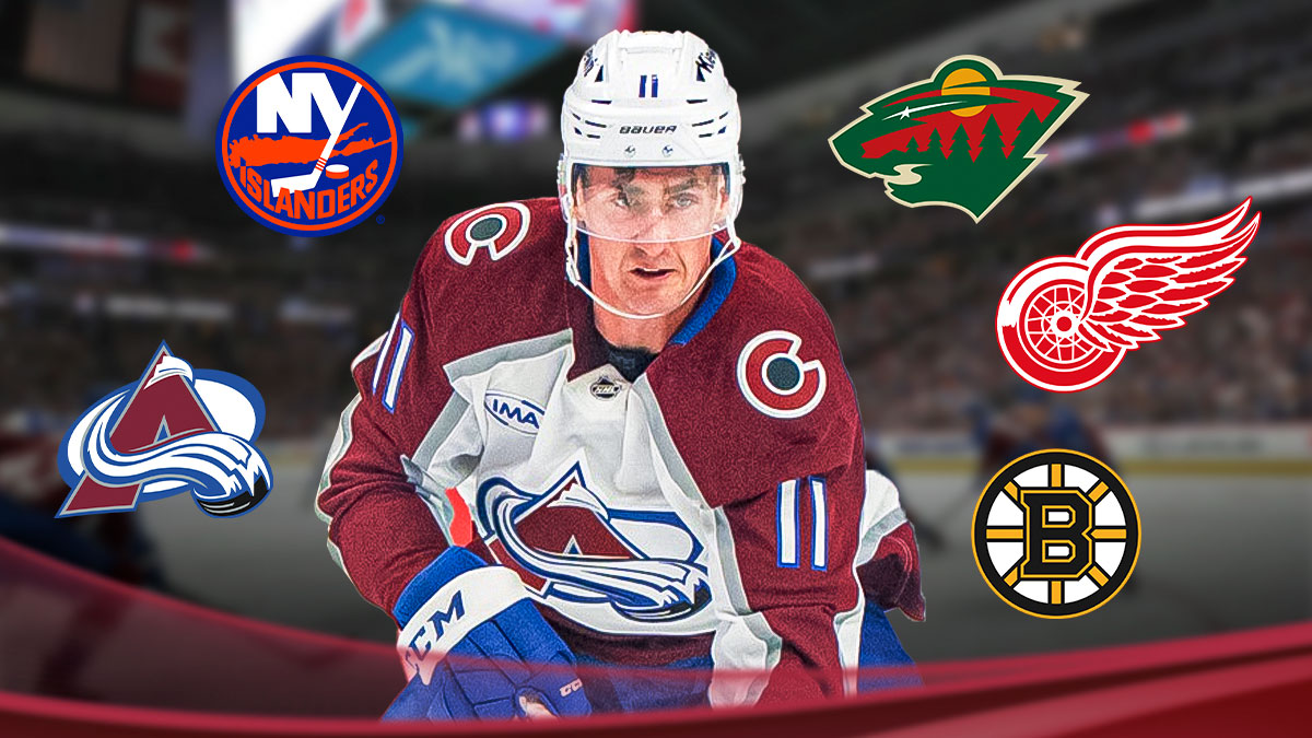 Brock Nelson with NY Islanders, Minnesota Wild, Colorado Avalanche, Detroit Red Wings, and Boston Bruins logos around him