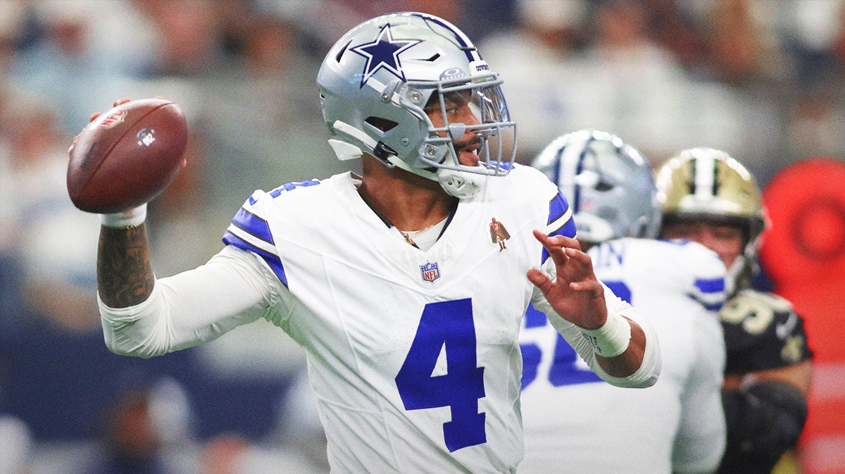Sep 15, 2024; Arlington, Texas, USA; Dallas Cowboys quarterback Dak Prescott (4) throws against the New Orleans Saints in the first quarter at AT&T Stadium.