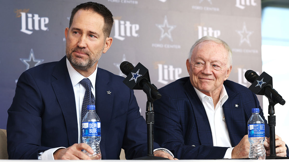 Dallas Cowboys Head Coach Brian Schottenheimer and owner Jerry Jones speak to the media at a press conference at the Star.
