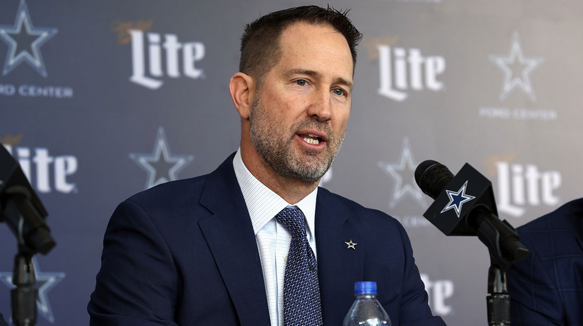 Dallas Cowboys Head Coach Brian Schottenheimer speaks to the media at a press conference at the Star.