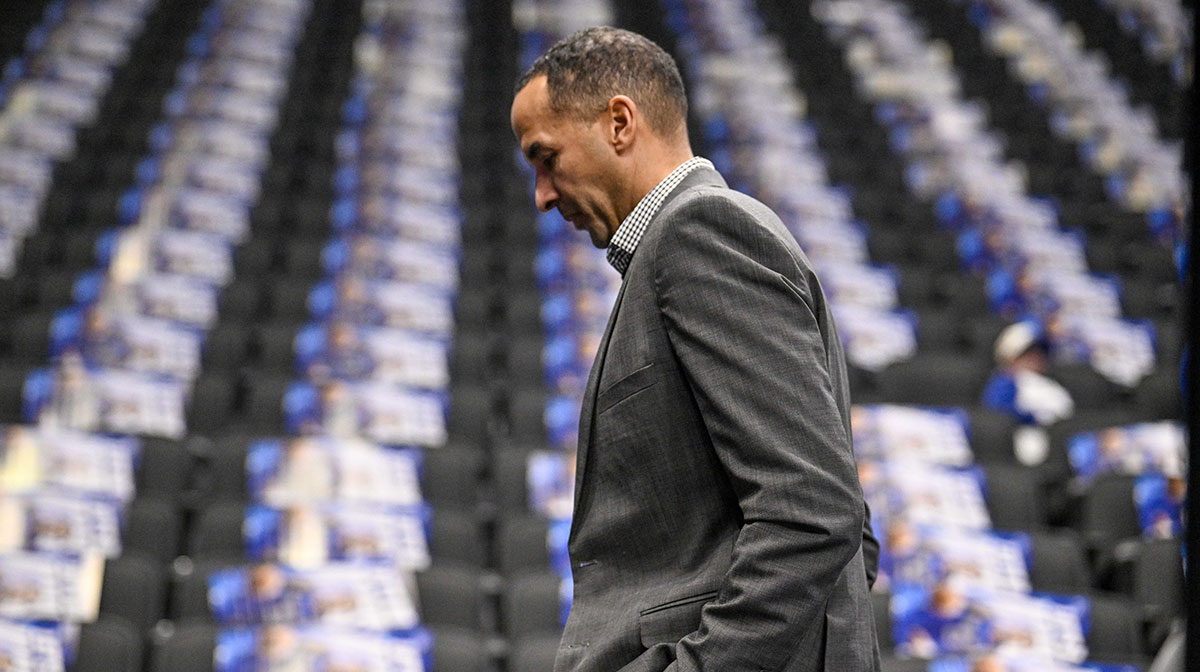 Dallas Mavericks general manager Nico Harrison walks off the court before the game between the Dallas and the Sacramento Kings at the American Airlines Center.