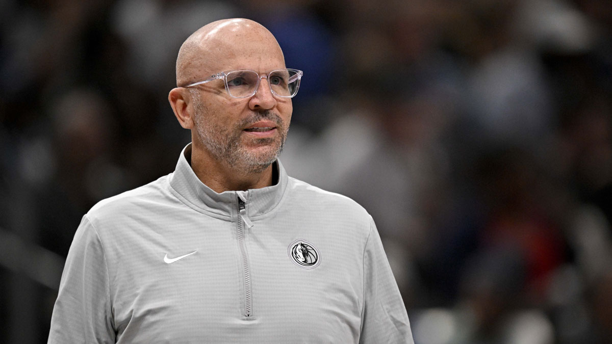 Dallas Mavericks head coach Jason Kidd looks on during the second quarter against the Toronto Raptors at the American Airlines Center.