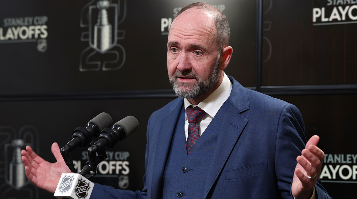 Dallas Stars head coach Pete DeBoer talks to media after their loss to the Winnipeg Jets in game two of the second round of the 2025 Stanley Cup Playoffs at Canada Life Centre.