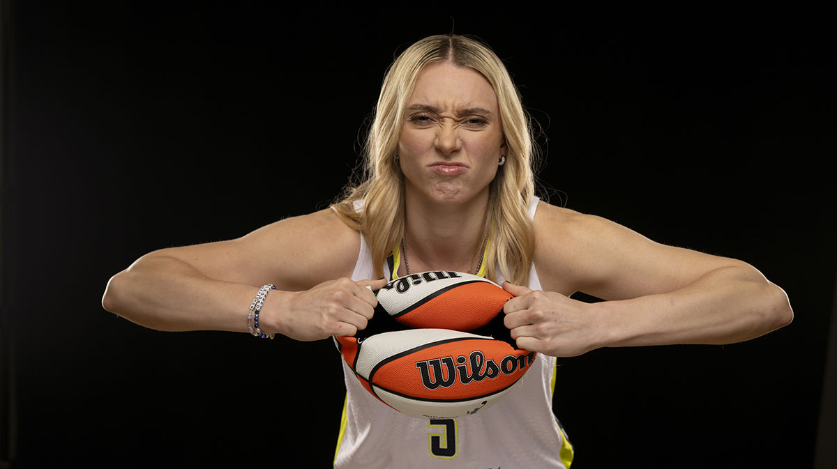 Dallas Wings guard Paige Bueckers poses for a photo during the 2025 Dallas Wings Media Day.