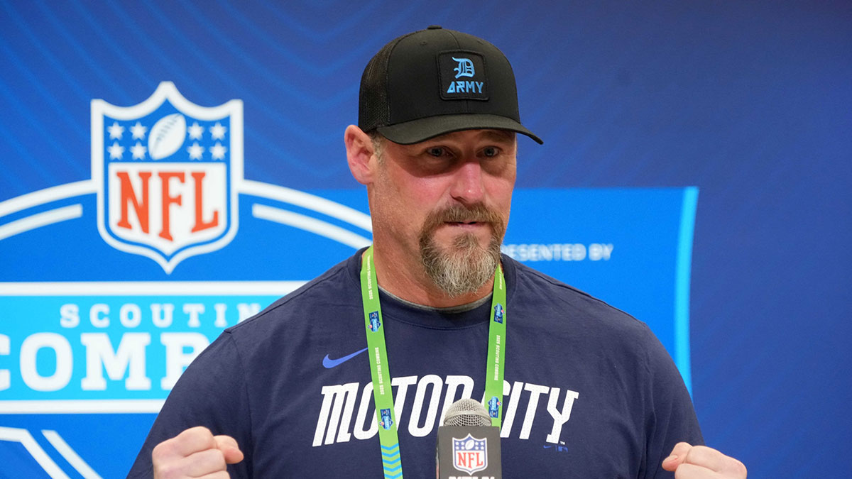 Detroit Lions coach Dan Campbell speaks during the NFL Scouting Combine at the Indiana Convention Center.