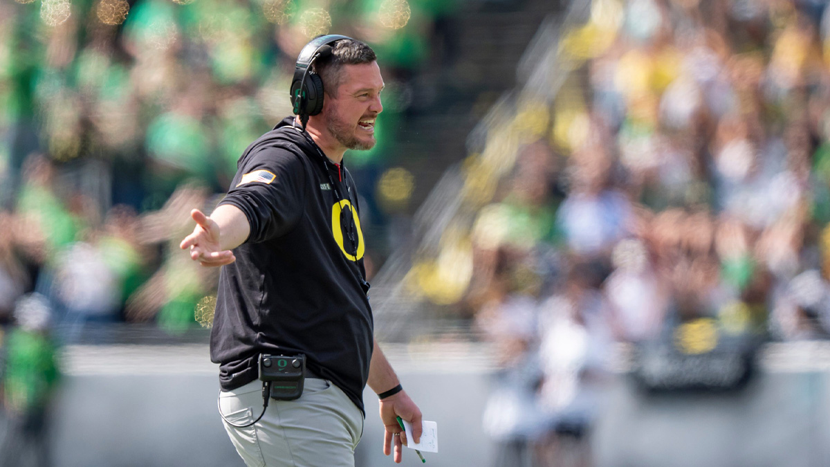 Oregon head coach Dan Lanning yells to the officials as the Fighting Ducks face off against Mighty Oregon in the Oregon Ducks spring game