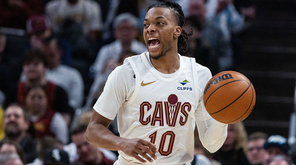 Cleveland Cavaliers guard Darius Garland (10) dribbles the ball in the first half against the Indiana Pacers at Gainbridge Fieldhouse.