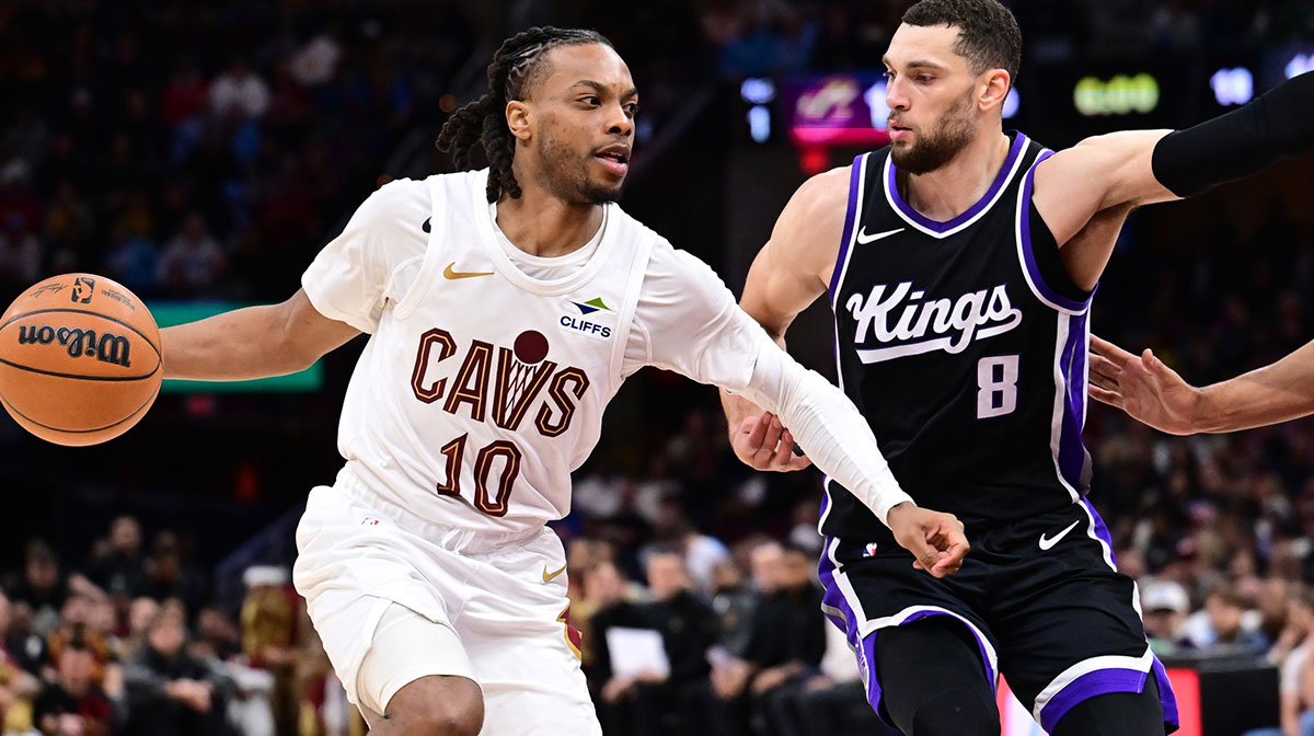 Cleveland Cavaliers guard Darius Garland (10) drives to the basket against Sacramento Kings guard Zach LaVine (8) during the second half at Rocket Arena.