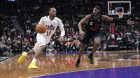 Cleveland Cavaliers guard Darius Garland (10) drives to the net against Toronto Raptors guard Immanuel Quickley (5) during the second half at Scotiabank Arena.