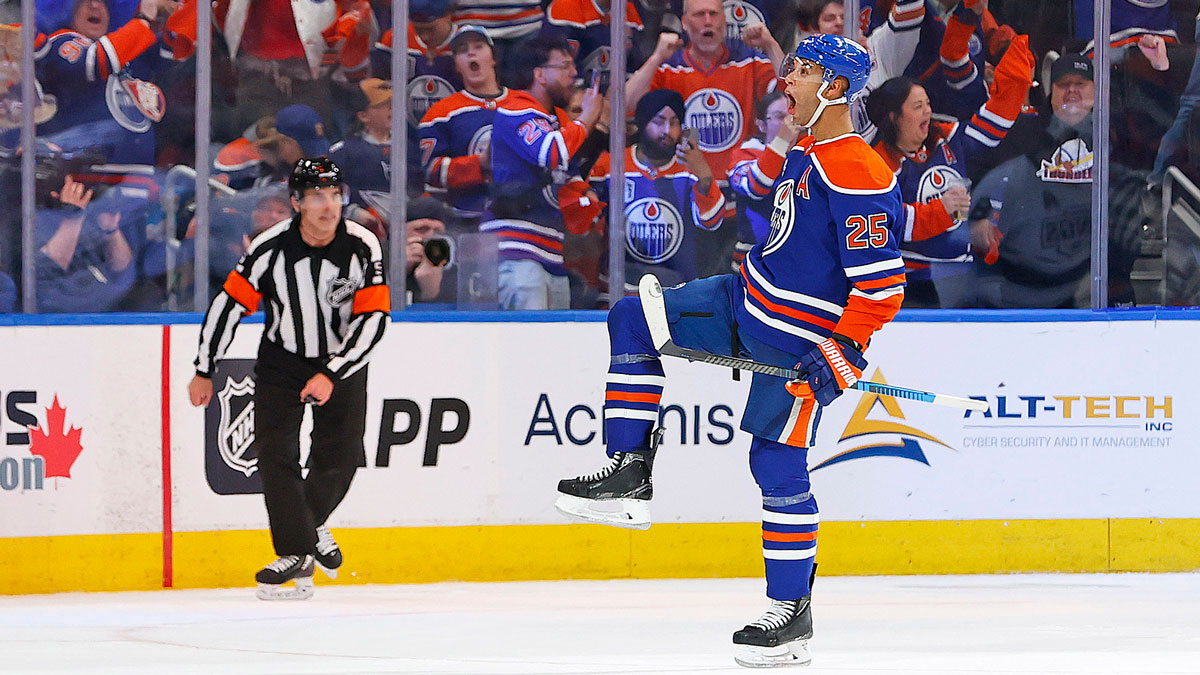 Edmonton Oilers defensemen Darnell Nurse (25) celebrates after scoring a goal during the second period against the Los Angelos Kings in game six of the first round of the 2025 Stanley Cup Playoffs at Rogers Place.