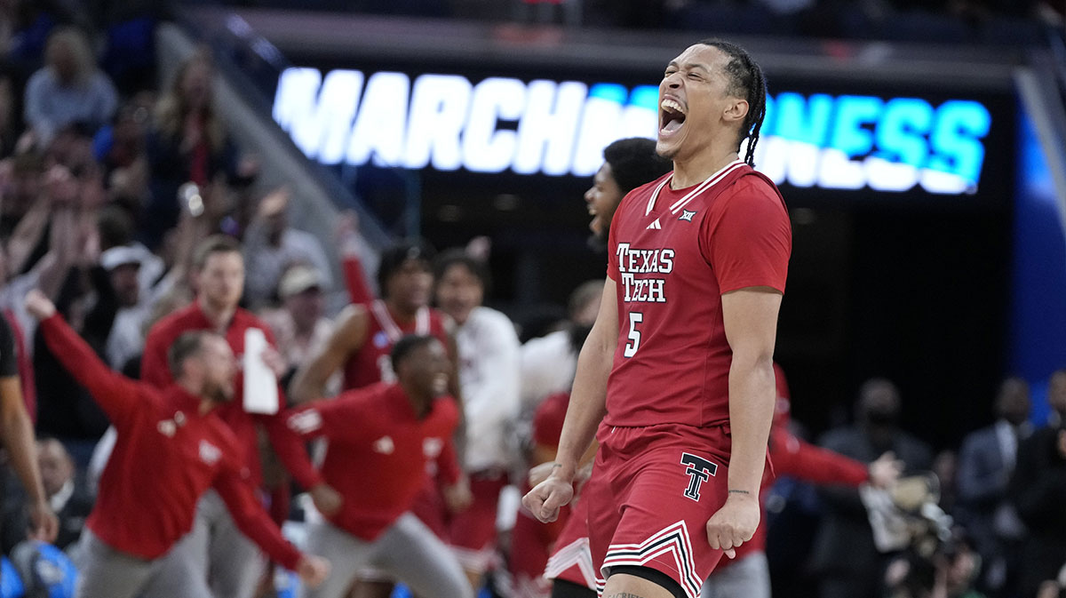 Texas Tech Red Raiders forward Darrion Williams (5) reacts during the second half against the Florida Gators during the West Regional final of the 2025 NCAA tournament at Chase Center.
