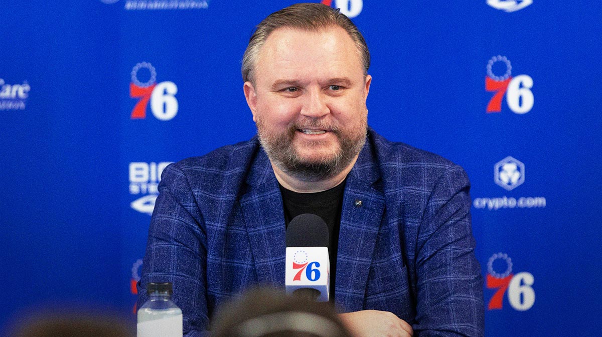 Philadelphia 76ers president of basketball operations Daryl Morey speaks with the media at Philadelphia 76ers Training Complex.