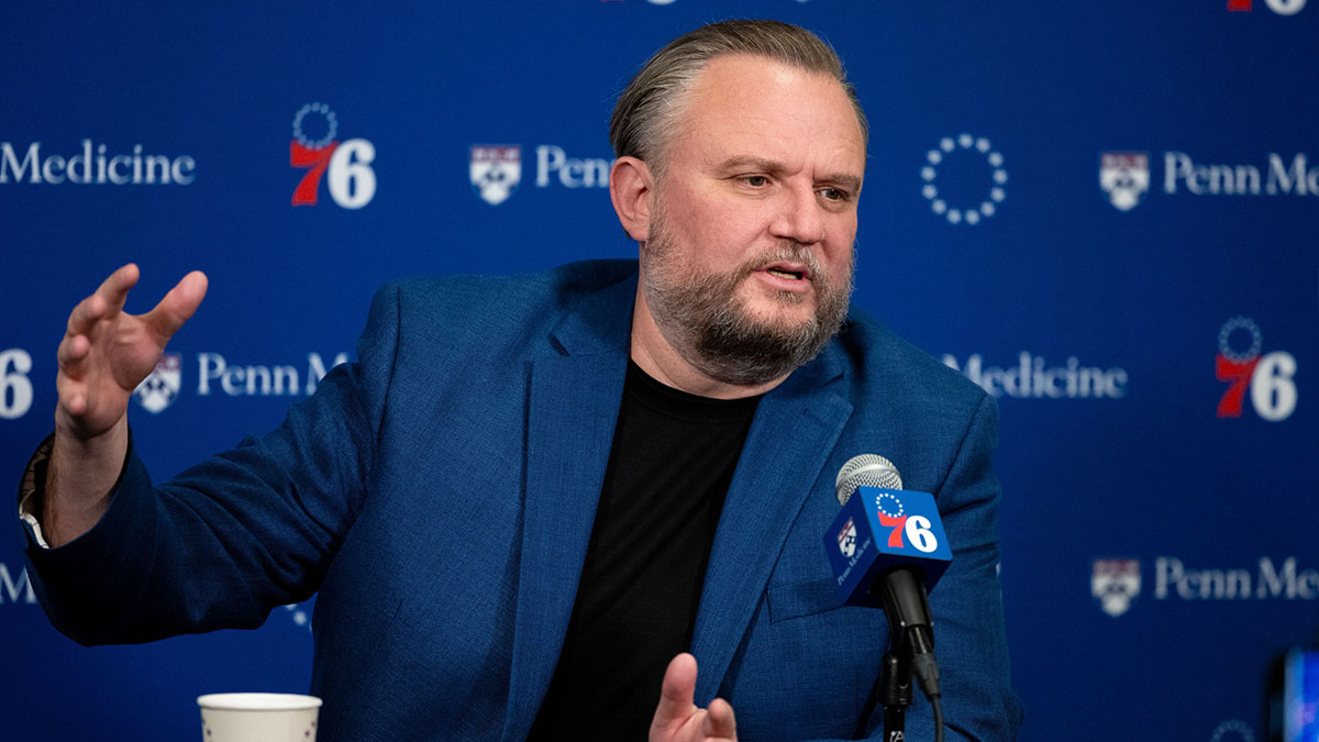 Daryl Morey, Philadelphia 76ers President of Basketball Operations, speaks with the media before a game against the Detroit Pistons at Wells Fargo Center in Pennsylvania, USA.