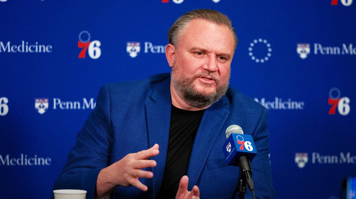 Philadelphia 76ers resident of Basketball Operations Daryl Morey speaks with the media before a game against the Detroit Pistons at Wells Fargo Center.