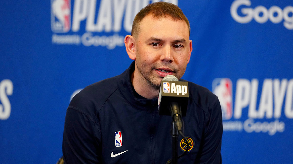 Denver Nuggets interim head coach David Adelman speaks before the game against the LA Clippers during game seven of first round for the 2025 NBA Playoffs at Ball Arena.