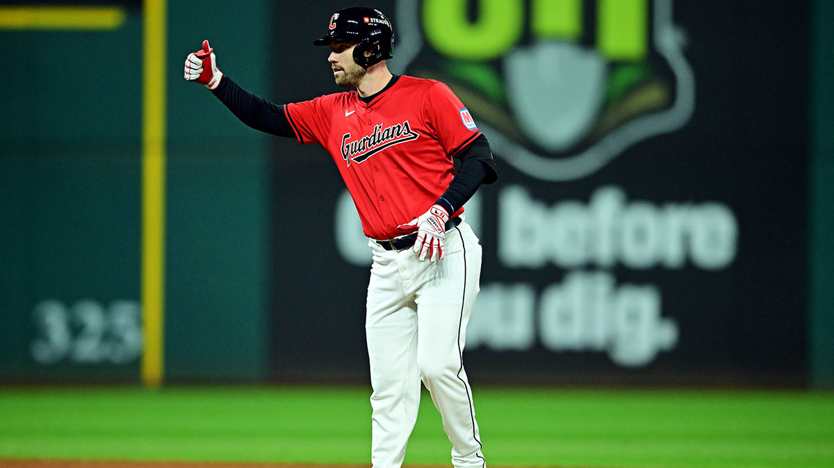 Cleveland Guardians first base David Fry (6) reacts after hitting a single and advancing to second base during the fifth inning against the New York Yankees during game five of the ALCS for the 2024 MLB playoffs at Progressive Field.