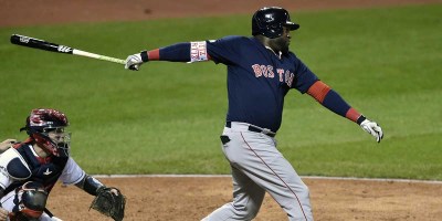 October 6, 2016; Cleveland, OH, USA; Boston Red Sox designated hitter David Ortiz (34) hits double in the eighth inning against the Cleveland Indians during game one of the 2016 ALDS playoff baseball game at Progressive Field. Mandatory Credit: David Richard-USA TODAY Sports