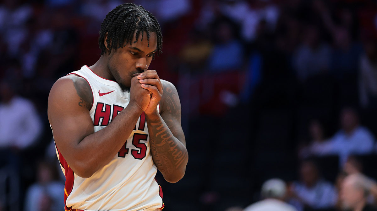 Miami Heat guard Davion Mitchell (45) looks on against the Cleveland Cavaliers during game three for the first round of the 2025 NBA Playoffs at Kaseya Center.