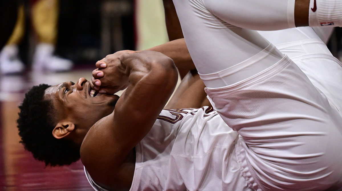 Cleveland Cavaliers forward De'Andre Hunter (12) reacts after being knocked down during the second half against the Indiana Pacers in game one of the second round for the 2025 NBA Playoffs at Rocket Arena.