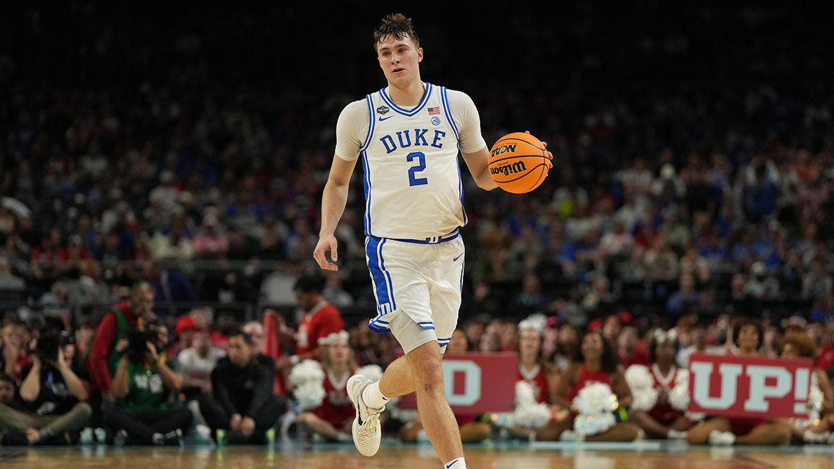 Duke Blue Devils forward Cooper Flagg (2) dribbles the ball against the Houston Cougars during the second half in the semifinals of the men's Final Four of the 2025 NCAA Tournament at the Alamodome.