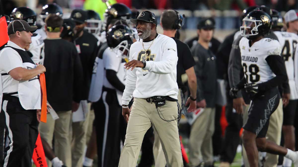 Colorado Buffalos head coach Deion Sanders in the second half during the game against the Texas Tech Red Raiders at Jones AT&T Stadium and Cody Campbell Field.