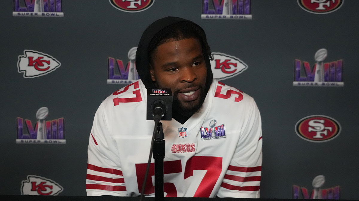San Francisco 49ers linebacker Dre Greenlaw (57) during a press conference before Super Bowl LVIII at the Hilton Lake Las Vegas.