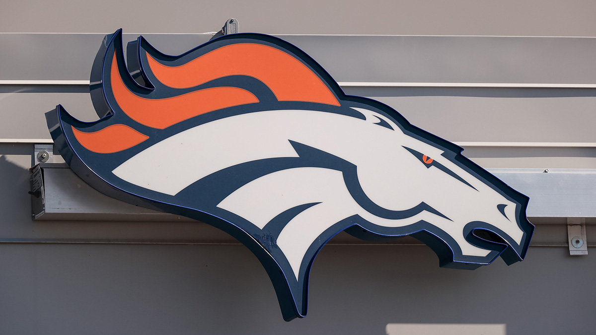 A general view of the Denver Broncos logo outside of UCHealth Training Center where practice was cancelled after a morning team meeting.
