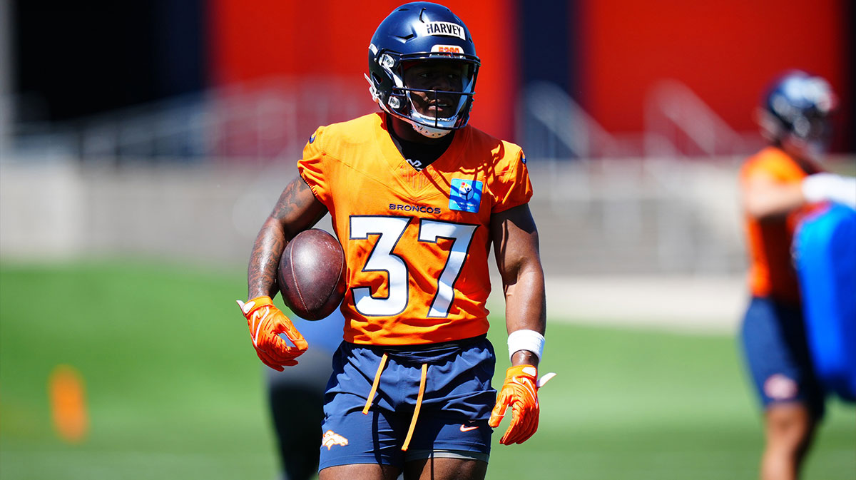 Denver Broncos running back RJ Harvey (37) during rookie minicamp at Broncos Park Powered by CommonSpirit.
