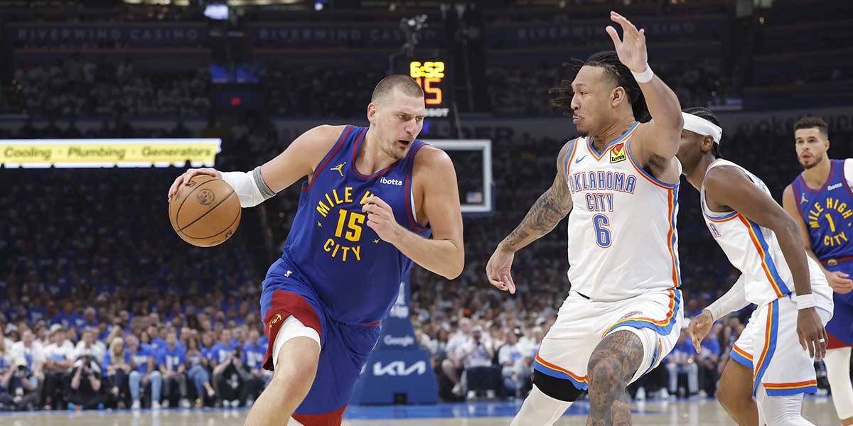 Denver Nuggets center Nikola Jokic (15) drives to the basket against Oklahoma City Thunder forward Jaylin Williams (6) during the second quarter of game five of the second round for the 2025 NBA Playoffs at Paycom Center.