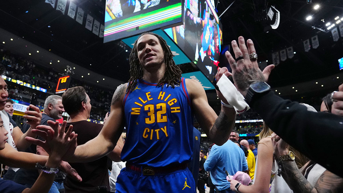 Denver Nuggets forward Aaron Gordon (32) celebrates the win over the LA Clippers following game seven of first round for the 2025 NBA Playoffs at Ball Arena.