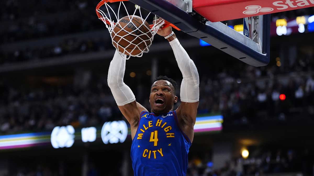Denver Nuggets guard Russell Westbrook (4) finishes off a dunk in the fourth quarter against the LA Clippers at Ball Arena.