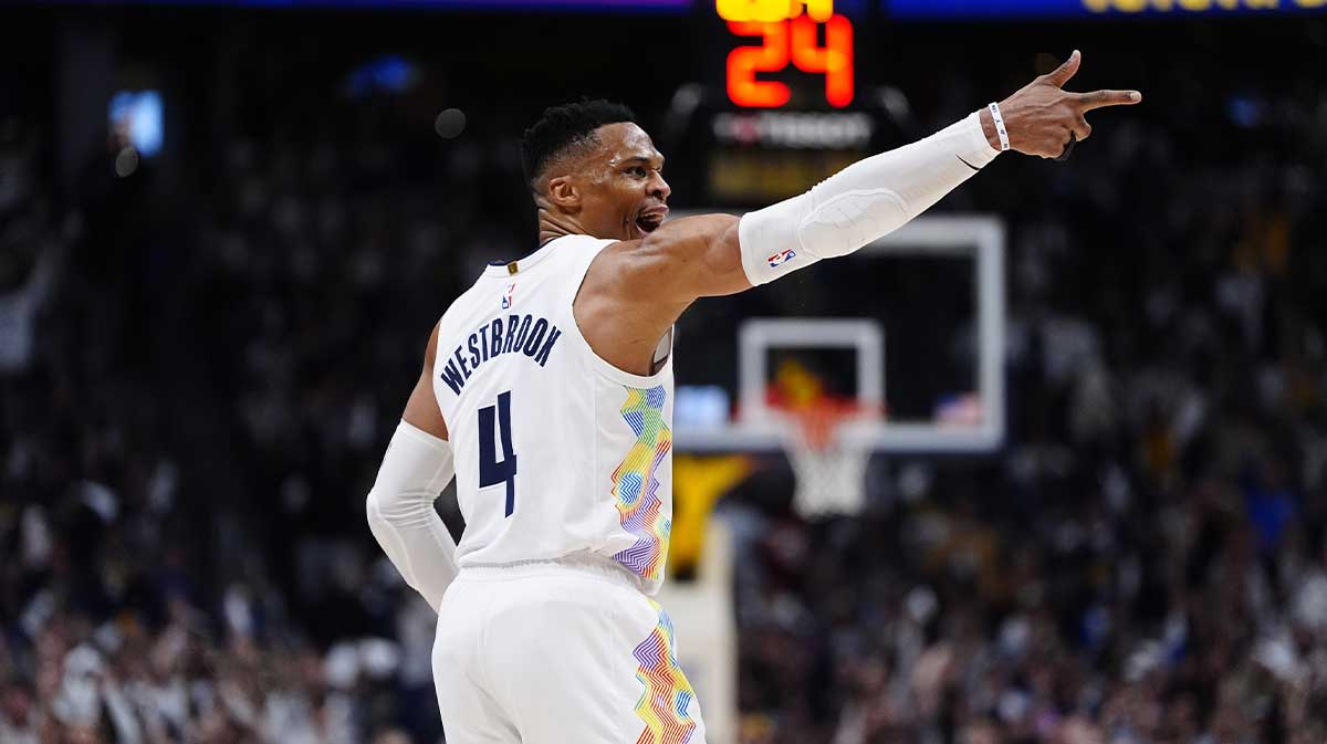 Denver Nuggets guard Russell Westbrook (4) reacts in the fourth quarter against the LA Clippers during game five of the first round for the 2025 NBA Playoffs at Ball Arena.
