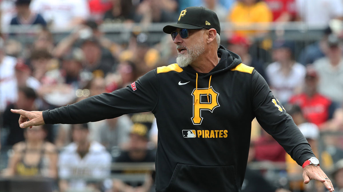 Pittsburgh Pirates manager Derek Shelton (17) gestures on the field against the Cleveland Guardians during the second inning at PNC Park.