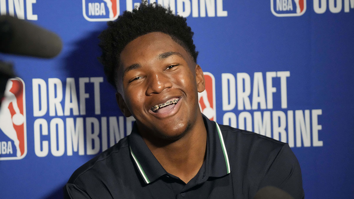 Derik Queen talks to the media during the 2025 NBA Draft Combine at Marriott Marquis Chicago.
