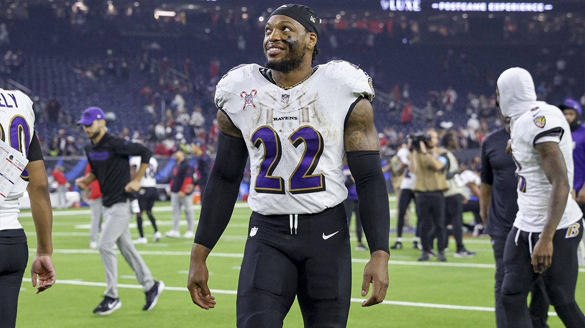 Dec 25, 2024; Houston, Texas, USA; Baltimore Ravens running back Derrick Henry (22) smiles after the game against the Houston Texans at NRG Stadium. Mandatory Credit: Troy Taormina-Imagn Images. As Henry is grateful for big contract extension.