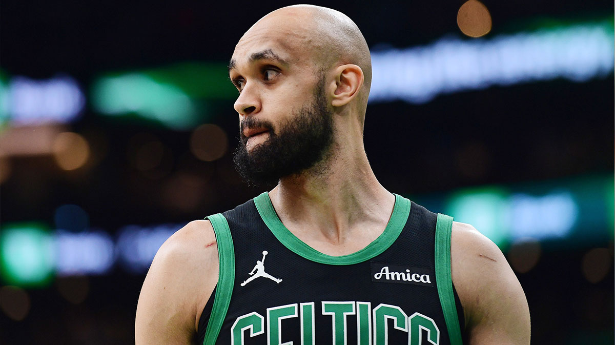 Boston Celtics guard Derrick White (9) in the first half during game five of the second round for the 2025 NBA Playoffs against the New York Knicks at TD Garden.